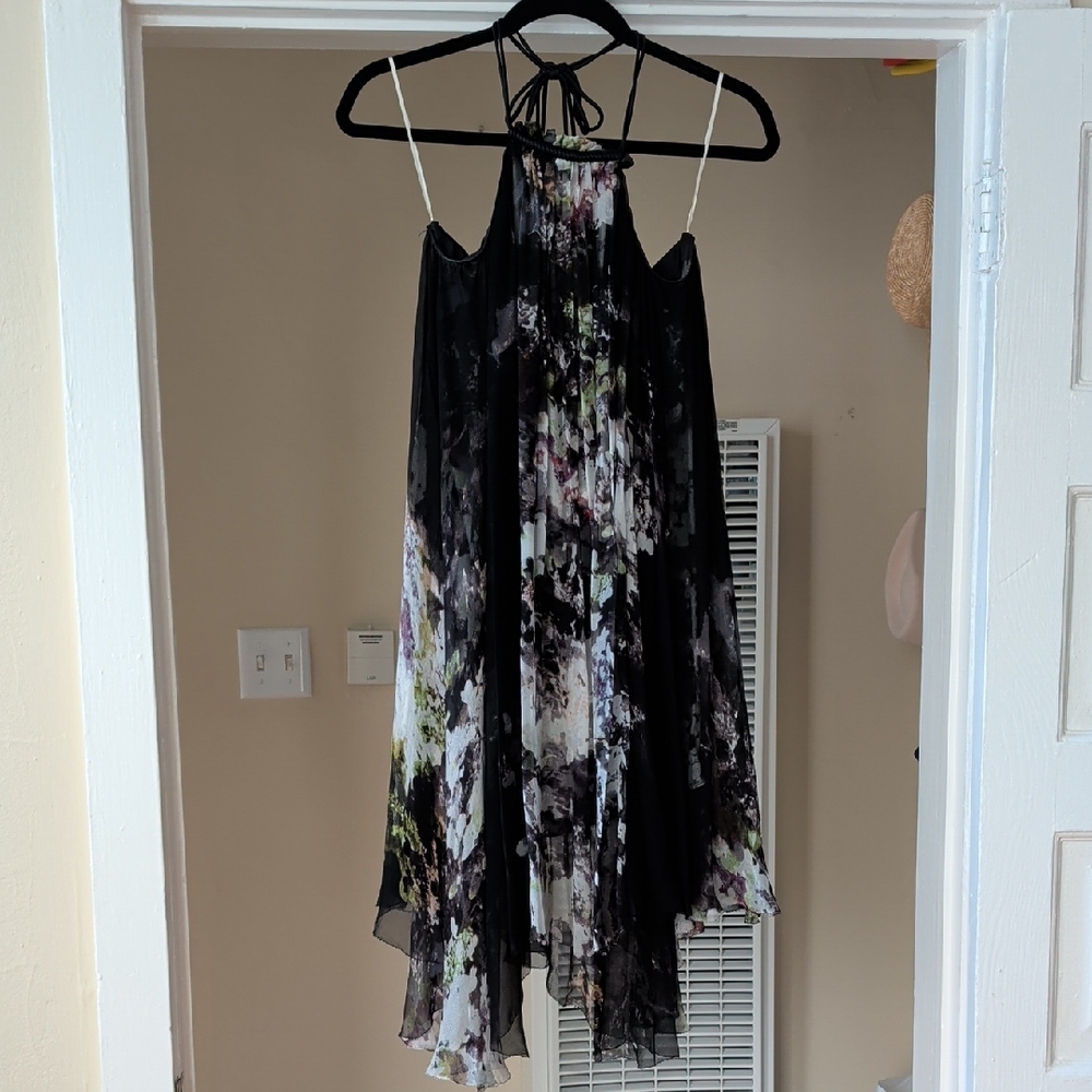 Elegant Silk Black Floral Halter Dress